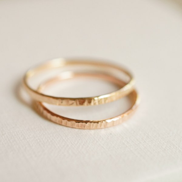 Gold Twig Ring Simple Band, Solid 10k Rose or Yellow Gold Hammered with delicate notches, Dainty Low Profile recycled gold,   1.4 mm x .9 mm