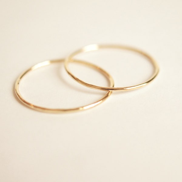 Ultra thin 14k gold stacking rings, set of 2 thread width rings 20g solid recycled gold skinny rings.