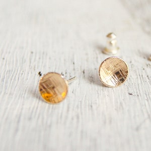 gold disc earrings, gold studs, tiny discs in 14k gold filled, hammered and delicate, simple 7.5mm or 10mm round concave.