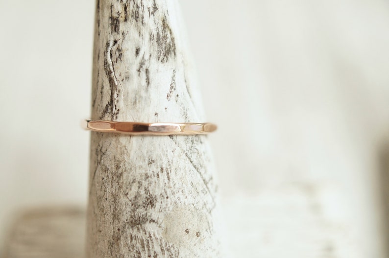 Thin gold ring solid 10k band rose and yellow gold stacking ring or wedding band 1.3mm thick with shiny or hammered finish