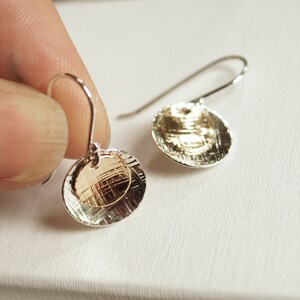 Drop disc dangle earrings, hook earrings double discs mixed metal sterling silver and 14k gold filled