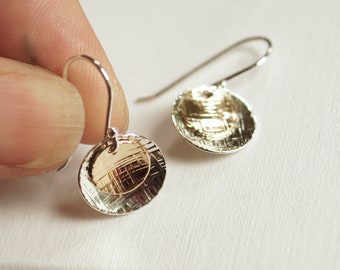 Drop disc dangle earrings, hook earrings double discs mixed metal sterling silver and 14k gold filled