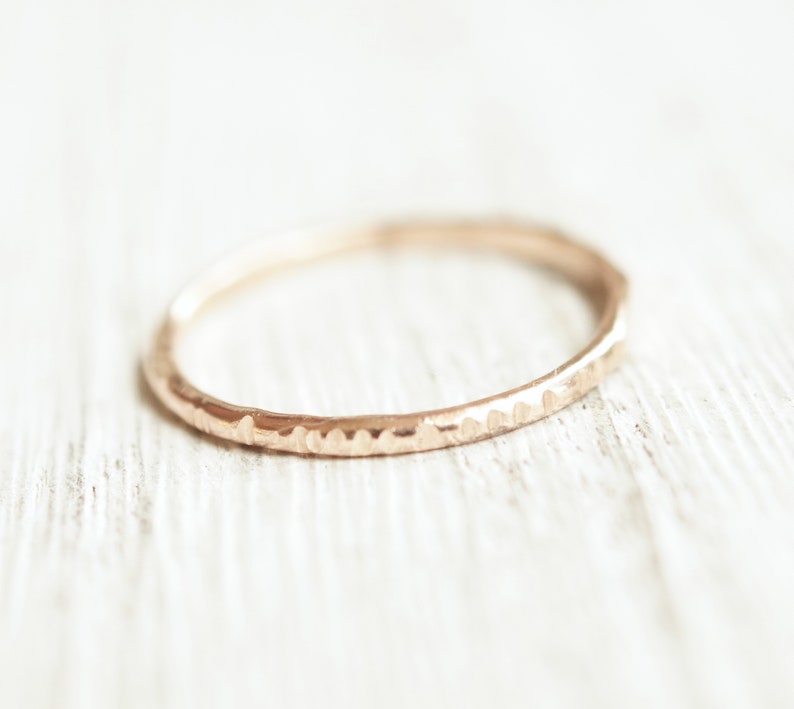 Thin gold ring solid 10k band rose and yellow gold stacking ring or wedding band 1.3mm thick with shiny or hammered finish