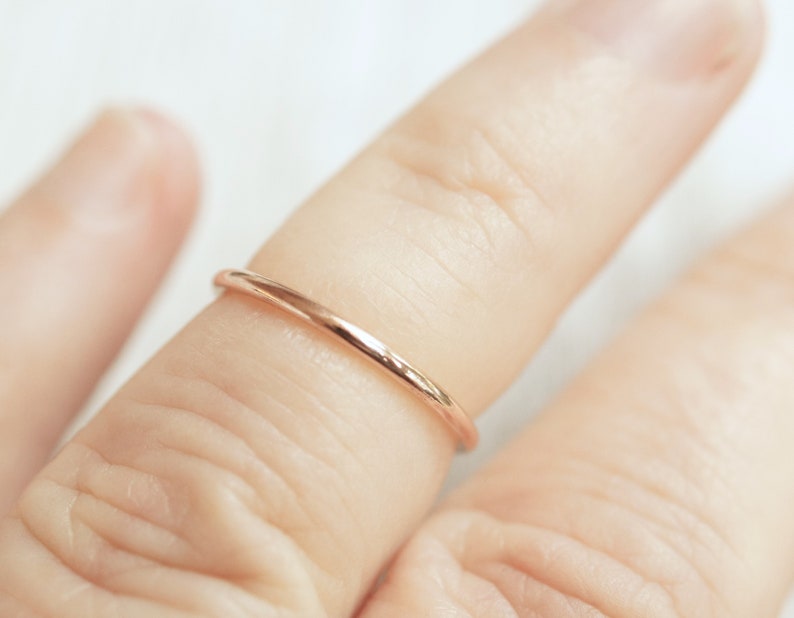 Thin gold ring solid 10k band rose and yellow gold stacking ring or wedding band 1.3mm thick with shiny or hammered finish
