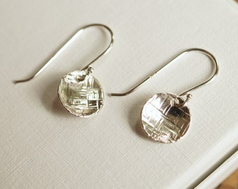 Silver coin disc dangle earrings, simple  hammered texture solid sterling silver French hooks