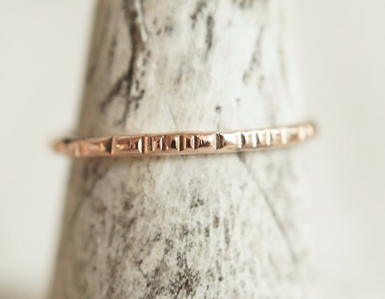 Thin gold ring solid 10k band rose and yellow gold stacking ring or wedding band 1.3mm thick with shiny or hammered finish