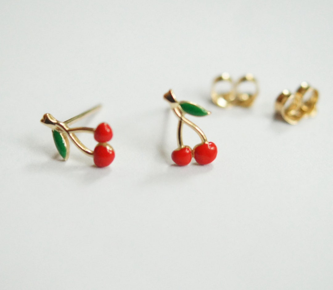 10k Gold Cherry Stud Earrings, Tiny Cherry Fruit Earrings on Posts ...