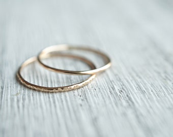 Gold stacking rings set of 2, skinny 14k gold filled in shiny or hammered  1mm round delicate simple skinny rings pair