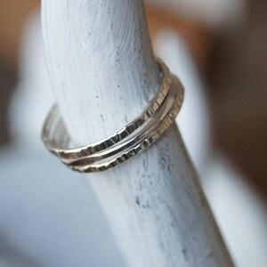 3 textured stacking rings in hammered silver or twist, mix and max and patterns.  Stackable rings