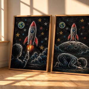 Rocket Wall Art Set, Digital Download, Kids Nursery Space Decor, Chalk Style Printable Poster