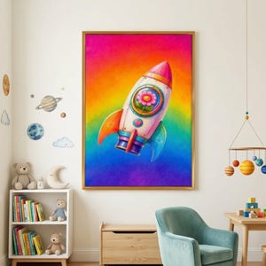 Rainbow Rocket Art, Whimsical Space Nursery Decor, Girls Playroom Poster (Digital Download)