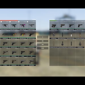 Puede incluir: Una interfaz de inventario digital que muestra una cuadrícula de iconos de armas de fuego, accesorios para armas y componentes de munición. El diseño presenta dos secciones distintas con elementos categorizados, cada uno con etiquetas de texto.