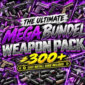 May include: A digital asset collection titled THE ULTIMATE MEGA BUNDEL WEAPON PACK 300+ featuring various firearm illustrations, including rifles and handguns, set against a vibrant purple and black background with glowing neon light accents.