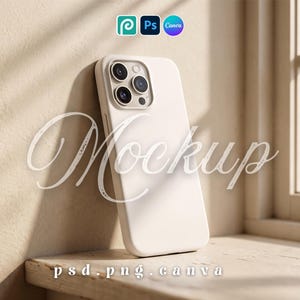 May include: A cream-coloured smartphone case featuring a triple-lens camera cutout on the back. The case is positioned upright against a wall. The word Mockup is written in cursive script across the centre, with psd.png.canva text at the bottom.