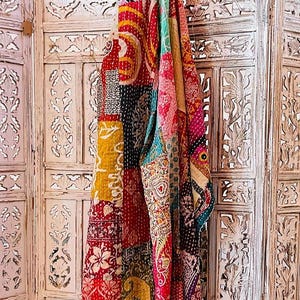 Vintage Patchwork Cotton Kantha Quilt, 55 x 85 Inch Hand Embroidered Bedspread, Assorted Design