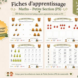 Peut inclure: Un lot de 20 fiches d'apprentissage des mathématiques pour la petite section de maternelle. Les feuilles présentent des exercices de comptage avec des illustrations d'abeilles, de ruches, de pommes, de poires et de dés, incluant le texte imprimé.