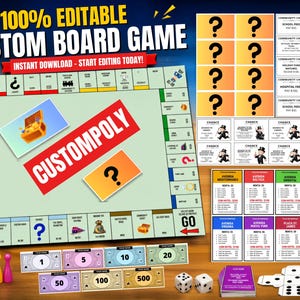 以下が含まれることがあります： CUSTOMPOLYという文字が書かれたゲームボード、各種不動産カード、チャンスカード、コミュニティチェストカード、1、5、10、20、50、100、500の紙幣、2つの白いサイコロ、色付きのゲーム用ポーンを含む、カスタマイズ可能なボードゲームセット。