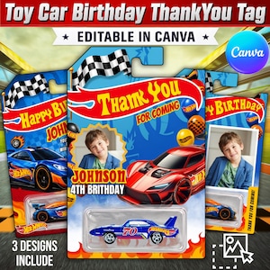 Può includere: Un modello digitale per un'etichetta di ringraziamento per compleanno a tema automobilistico, con colori blu e rosso, bandiere a scacchi e un logo rosso in stile Hot Wheels. Il design include spazio per una foto, il testo "Thank You For Coming" e un'auto blu.