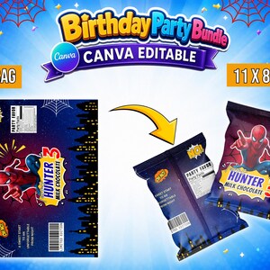 May include: A digital Birthday Party Bundle featuring a Canva editable chip bag design. The template displays a blue and dark cityscape background with a red and blue superhero character, spiderwebs, and text reading Hunter 3 Milk Chocolate.