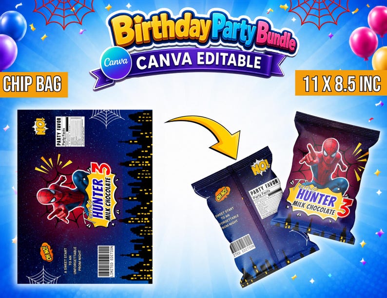 May include: A digital Birthday Party Bundle featuring a Canva editable chip bag design. The template displays a blue and dark cityscape background with a red and blue superhero character, spiderwebs, and text reading Hunter 3 Milk Chocolate.