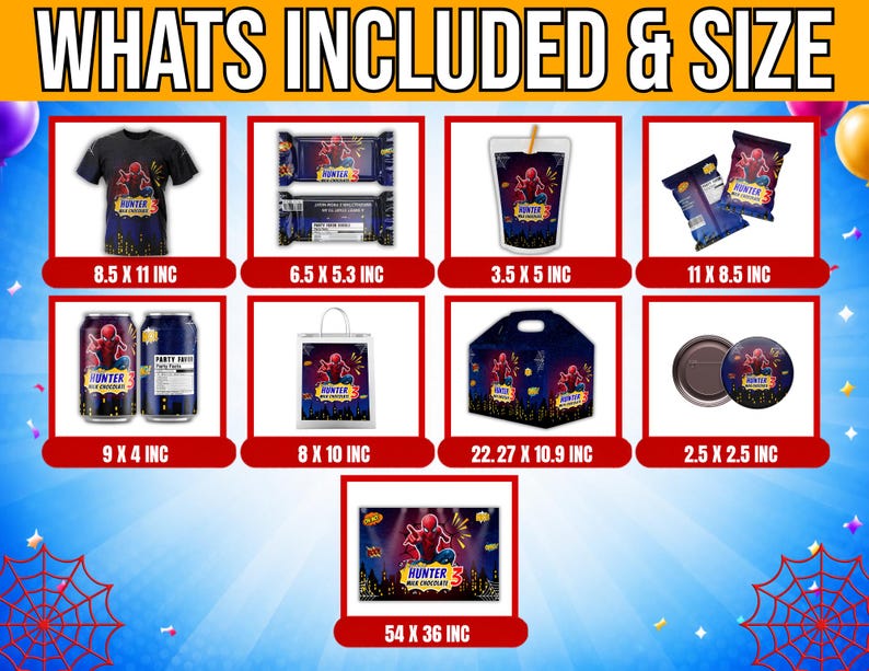 Spider man Party favor bundle, Spider man Party Decor, Birthday Decor, Chip bag, Water bottle label, Chocolate Wrapper, Caprisun Label image 11