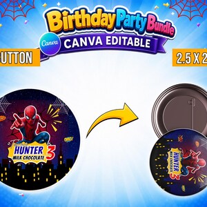 May include: A circular pin button featuring a red and blue superhero character in a dynamic pose against a dark city skyline background with spiderwebs. The text reads Hunter 3 Milk Chocolate. The button measures 2.5 by 2.5 inches in diameter.
