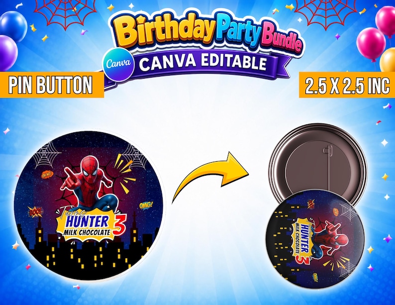 May include: A circular pin button featuring a red and blue superhero character in a dynamic pose against a dark city skyline background with spiderwebs. The text reads Hunter 3 Milk Chocolate. The button measures 2.5 by 2.5 inches in diameter.