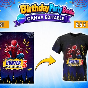 May include: A black t-shirt and a rectangular graphic design featuring a red and blue superhero character, spider webs, a city skyline, and the text "Turning HUNTER 3 MILK CHOCOLATE" with "OH NO!", "BOO!", and "OMG!" speech bubbles.