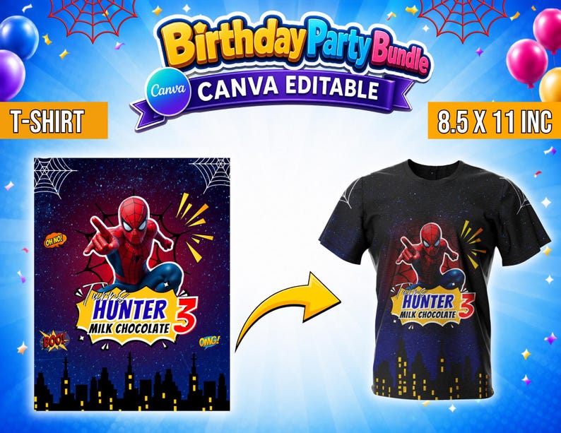 May include: A black t-shirt and a rectangular graphic design featuring a red and blue superhero character, spider webs, a city skyline, and the text "Turning HUNTER 3 MILK CHOCOLATE" with "OH NO!", "BOO!", and "OMG!" speech bubbles.
