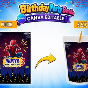May include: A digital birthday party bundle template for a 3.5 x 5 inch juice pouch featuring a superhero graphic, spiderwebs, and a city skyline. The design includes the text Hunter 3 Milk Chocolate and comic book style sound effects.