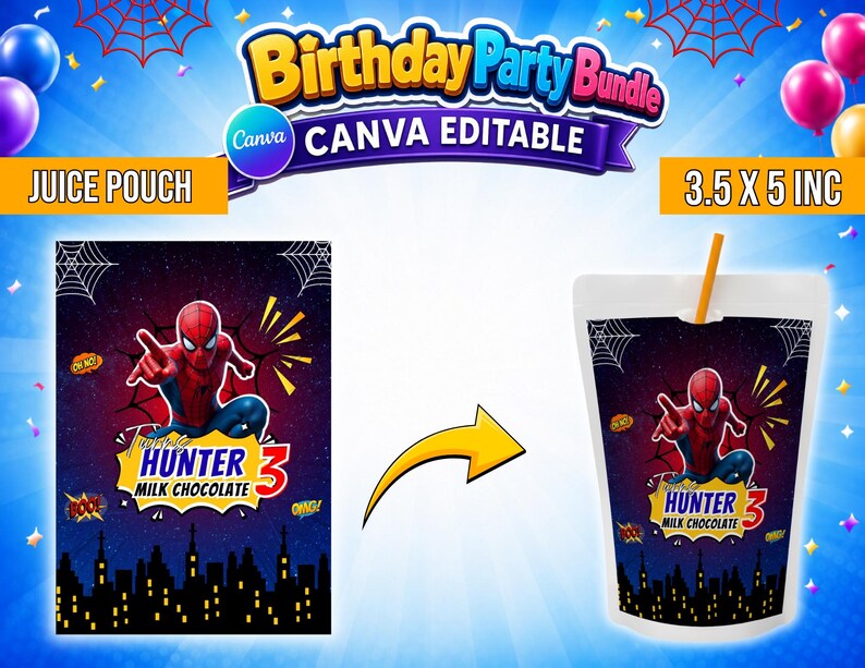 May include: A digital birthday party bundle template for a 3.5 x 5 inch juice pouch featuring a superhero graphic, spiderwebs, and a city skyline. The design includes the text Hunter 3 Milk Chocolate and comic book style sound effects.