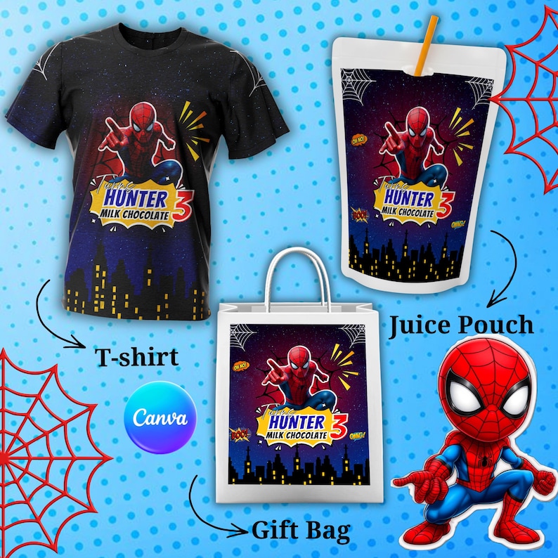 Spider man Party favor bundle, Spider man Party Decor, Birthday Decor, Chip bag, Water bottle label, Chocolate Wrapper, Caprisun Label