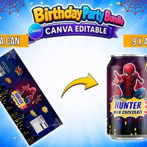 May include: A digital birthday party bundle template for a soda can label measuring 9 by 4 inches. The design features a dark blue cityscape, spider web patterns, and a red and blue superhero character with the text Hunter 3 Milk Chocolate.