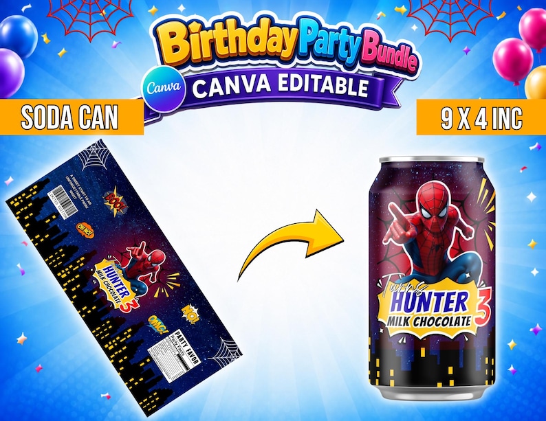 May include: A digital birthday party bundle template for a soda can label measuring 9 by 4 inches. The design features a dark blue cityscape, spider web patterns, and a red and blue superhero character with the text Hunter 3 Milk Chocolate.