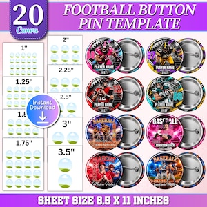 Op de afbeelding: Een digitaal sjabloon voor 20 voetbal- en honkbalbuttons, met diverse formaten van 2,54 cm tot 8,89 cm. Het velformaat is 21,59 x 27,94 cm. Bevat ronde ontwerpen met sportspelers, teamnamen en jaartallen op een paarse achtergrond.
