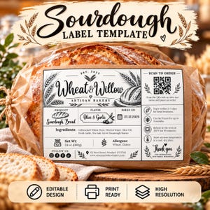 Puede incluir: Una etiqueta rectangular blanca para pan de masa madre de Wheat & Willow Artisan Bakery. La etiqueta incluye texto negro, ilustraciones de trigo, un código QR, lista de ingredientes, un peso neto de 680g e instrucciones de almacenamiento.