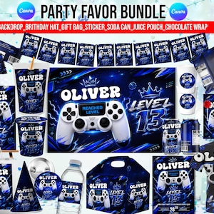 May include: A party favor bundle featuring a blue and white video game theme with the name Oliver and Level 13 text. Items include a backdrop, birthday hat, gift bag, stickers, soda can labels, juice pouch wraps, and chocolate bar wrappers.