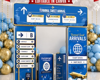 Gold Airline Party Decor Bundle, Airplane Party, Airplane Baby Shower, Printable Party Decor, Lifesize Cutouts, Printable Canva Pro Template