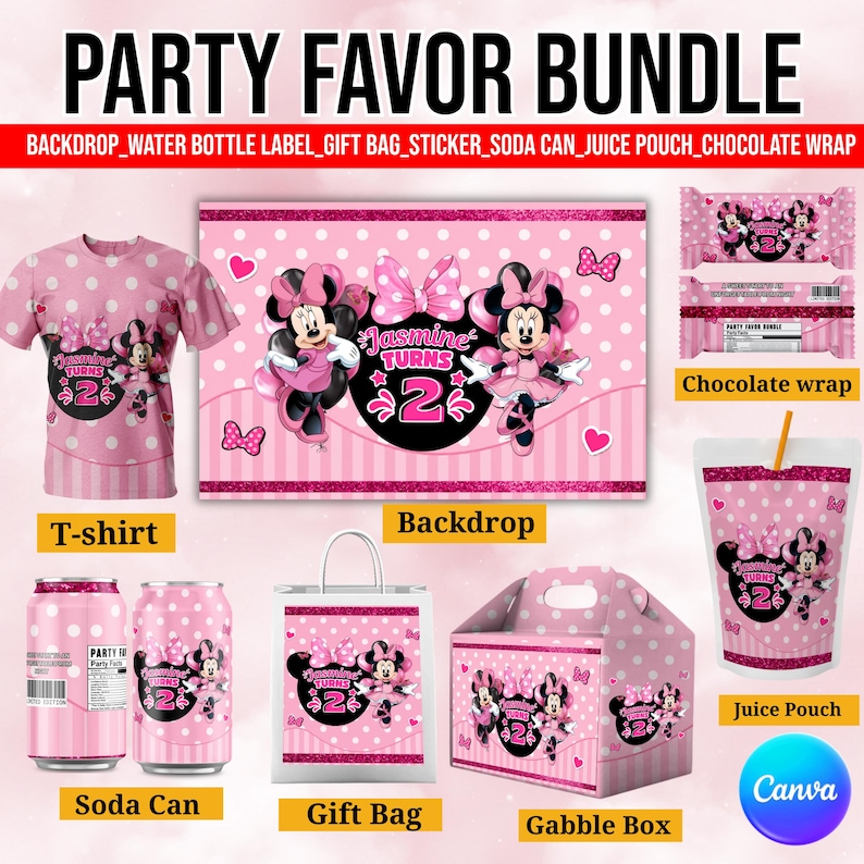 Minnie Mouse Birthday 11 Party Favors, Minnie Birthday Printables, Chip Bag, Capri Sun, Water Bottle, Gable Box Label, Minnie Birthday Favor