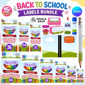 May include: A digital Back to School Labels Bundle featuring various Crayola colored pencil and crayon packaging designs with numerical counts, Elmer's glue, Play-Doh, a pencil, and a composition book label, all displayed on a white background.