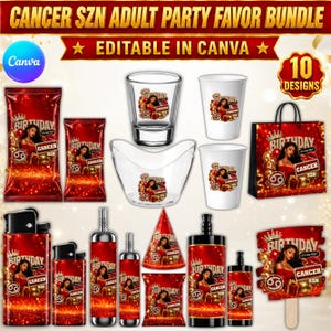 Cancer Szn Adult Party Favor Bundle, Editable Canva Party Decorations, Red Styrofoam Cups, Shot Glass, Olit Hookah Pen Label, Bucket Set