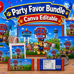 Puede incluir: Un paquete de artículos para fiestas con personajes de Paw Patrol y el texto Axel Turns 3. Incluye una camiseta azul, una caja de dulces, una bolsa de regalo, un sobre de jugo, una bolsa de snacks, una lata de refresco y envoltorios de dulces.