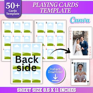 52 spelkort Canva redigerbar mallpaket, anpassat partyspel DIY utskrivbart 52 pokerkorts kortlek, anpassningsbara fram- och baksida digitala designer
