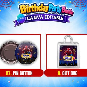May include: A digital birthday party bundle featuring a circular pin button and a rectangular gift bag. Both items display a superhero graphic with the text Hunter Milk Chocolate 3 against a dark city skyline. The background is blue with balloons.