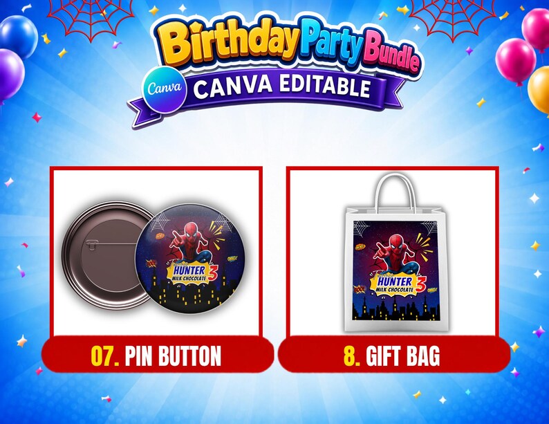 May include: A digital birthday party bundle featuring a circular pin button and a rectangular gift bag. Both items display a superhero graphic with the text Hunter Milk Chocolate 3 against a dark city skyline. The background is blue with balloons.