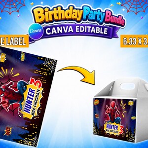 May include: A digital birthday party bundle featuring a printable label design for a milk chocolate bar, measuring 6.33 by 3.54 inches. The design displays a red and blue superhero character, a city skyline, spiderwebs, and the text Hunter 3.