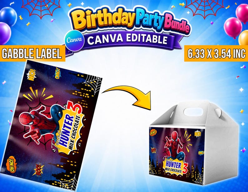 May include: A digital birthday party bundle featuring a printable label design for a milk chocolate bar, measuring 6.33 by 3.54 inches. The design displays a red and blue superhero character, a city skyline, spiderwebs, and the text Hunter 3.