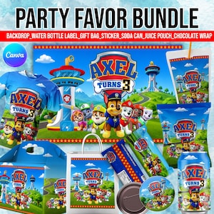 May include: A party favour bundle featuring Paw Patrol characters and the text AXEL TURNS 3. The collection includes a t-shirt, backdrop, gift bag, sticker, soda can, juice pouch, and chocolate wrap, all displaying a blue sky and green landscape.