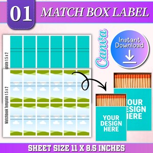 May include: A digital matchbox label template sheet measuring 11 by 8.5 inches. The layout features rows of rectangular labels with a landscape design of green hills and clouds, alongside two assembled matchboxes with orange-tipped matches.
