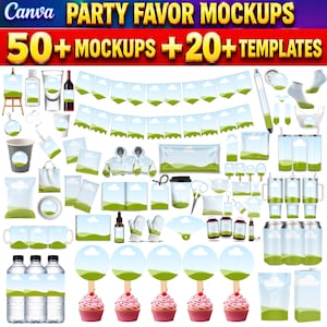 May include: A digital collection of 50+ party favor mockups and 20+ templates featuring a blue sky and green landscape graphic. The set includes various items like banners, cups, bottles, apparel, stationery, and cupcakes with matching designs.